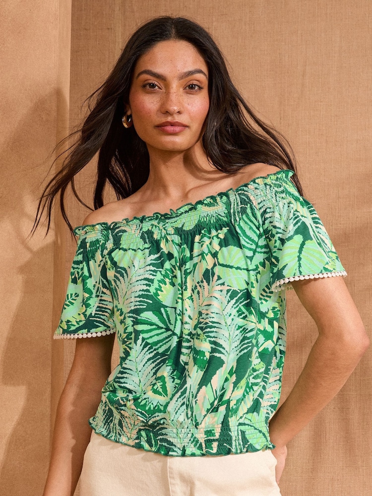 Love & Roses Green Tropical Print Bardot Jersey Top - Image 1 of 4