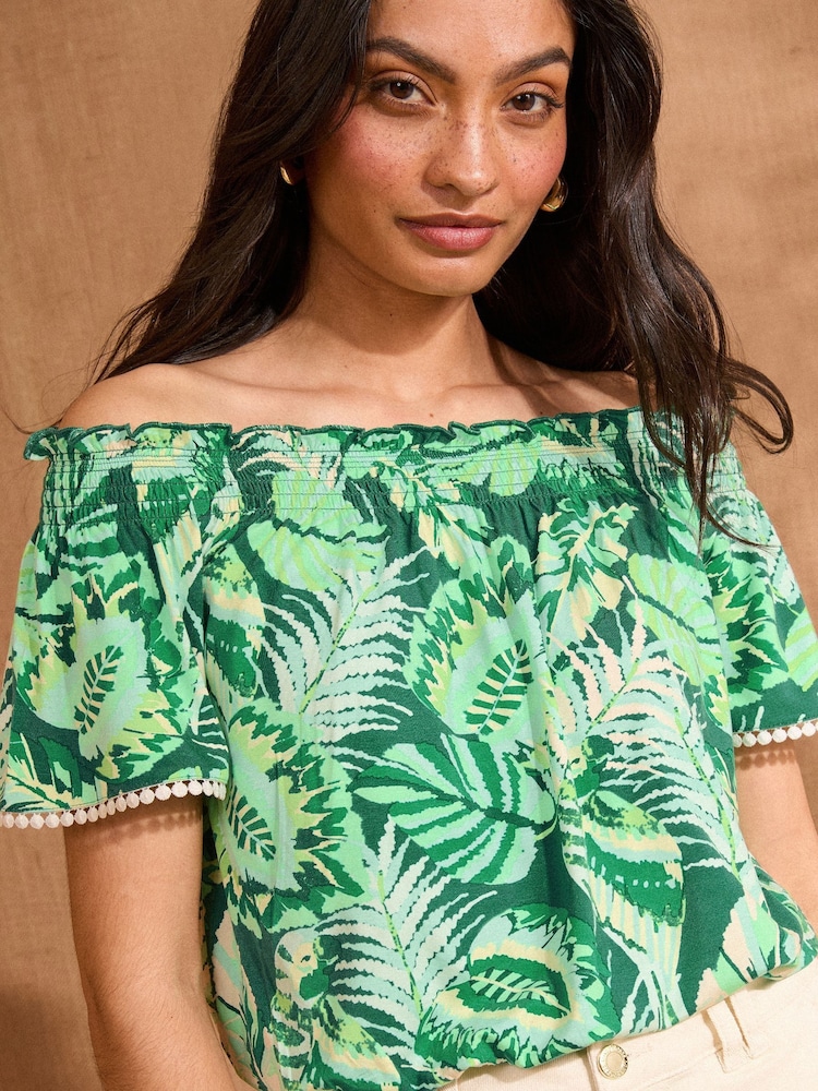 Love & Roses Green Tropical Print Bardot Jersey Top - Image 2 of 4