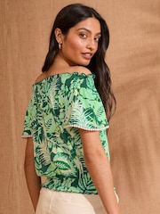 Love & Roses Green Tropical Print Bardot Jersey Top - Image 4 of 4