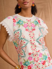 V&A | Love & Roses Ivory Petite Woodblock Print Lace Flutter Sleeve T-Shirt - Image 2 of 4