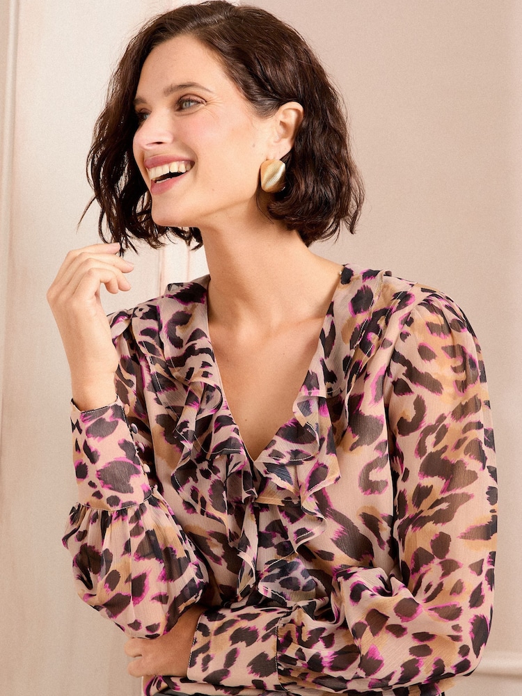 Love & Roses Neutral Animal Ruffle Detail V-Neck Long Sleeve Blouse - Image 2 of 4