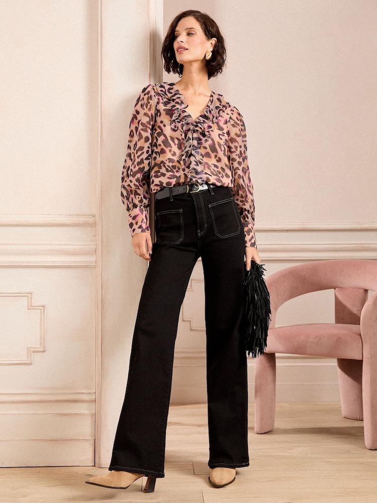 Love & Roses Neutral Animal Ruffle Detail V-Neck Long Sleeve Blouse - Image 3 of 4