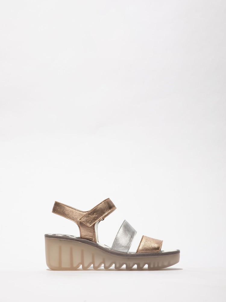 Fly London Bexy Ankle Strap Wedge Gold Sandals - Image 1 of 4