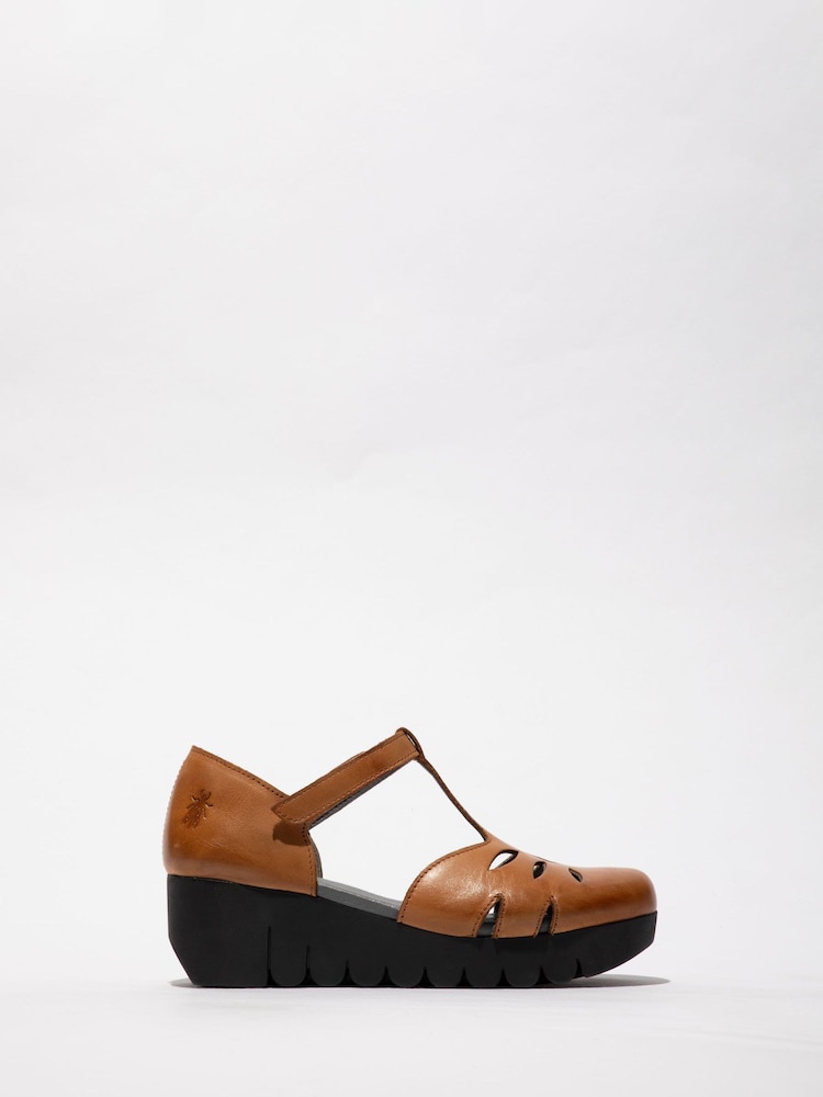 Fly London Velt Wedge T-Bar Brown Shoes - Image 1 of 4