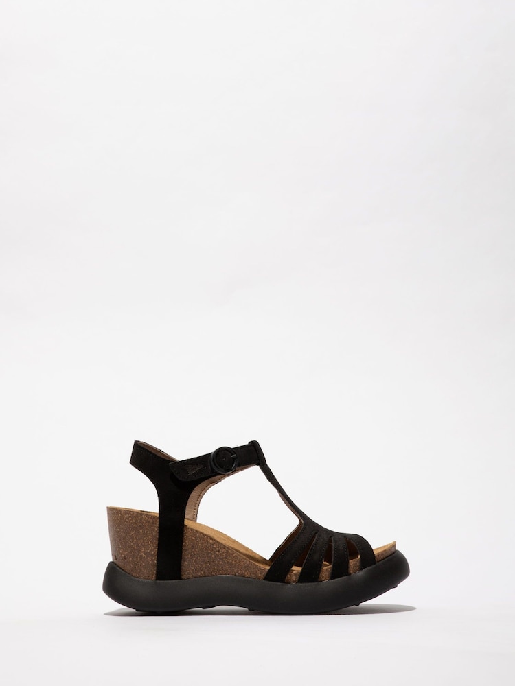 Fly London pretas Gait Wedges com tira no tornozelo Sandals - Imagem 1 de 3