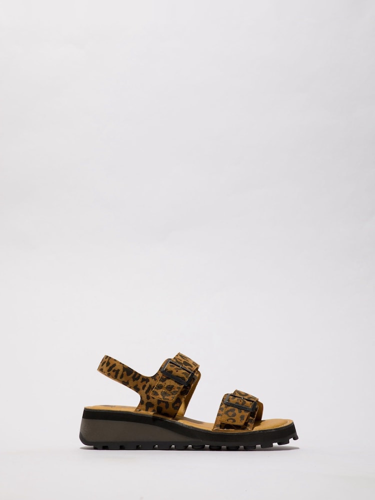 Fly London Heif Leopard Print Strap Brown Sandals - Image 1 of 4