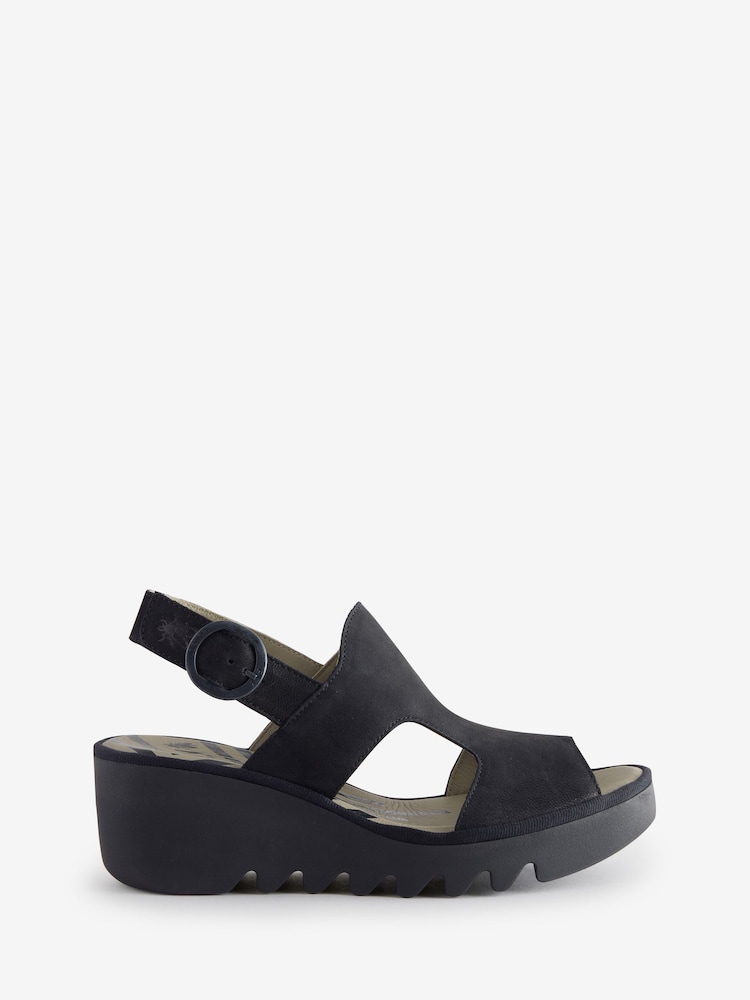 Fly London Baif Ankle Strap Wedge Black Sandals - Image 1 of 1