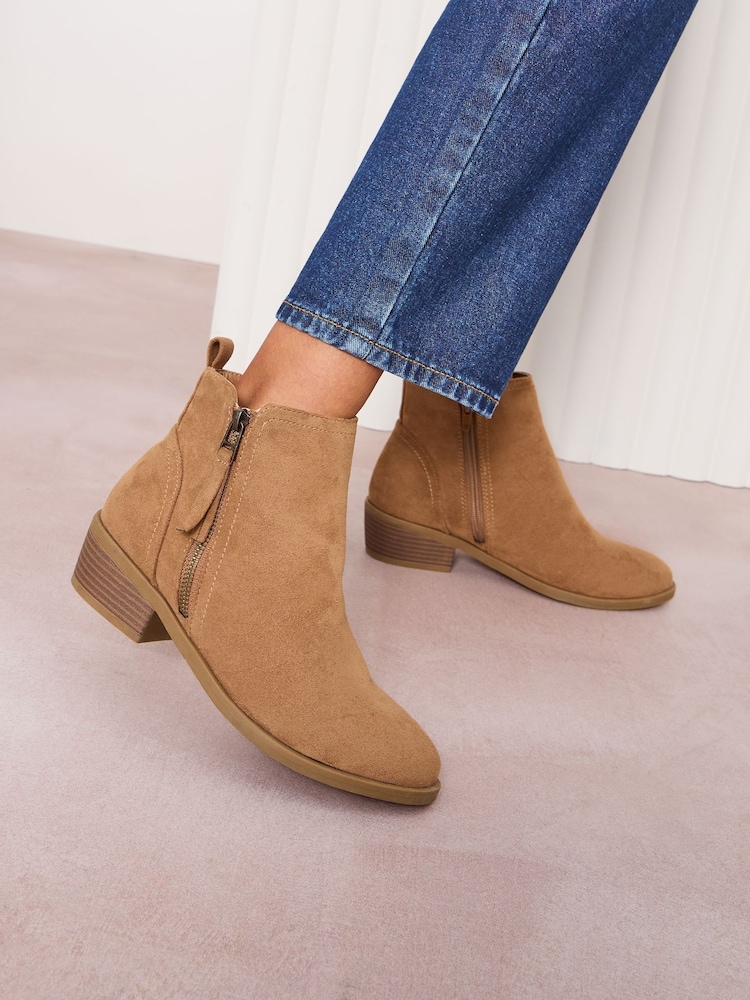Friends Like These Brown Standard fit Mid Block Heel Side Zip Faux Suede Cuban Boots - Image 1 of 4