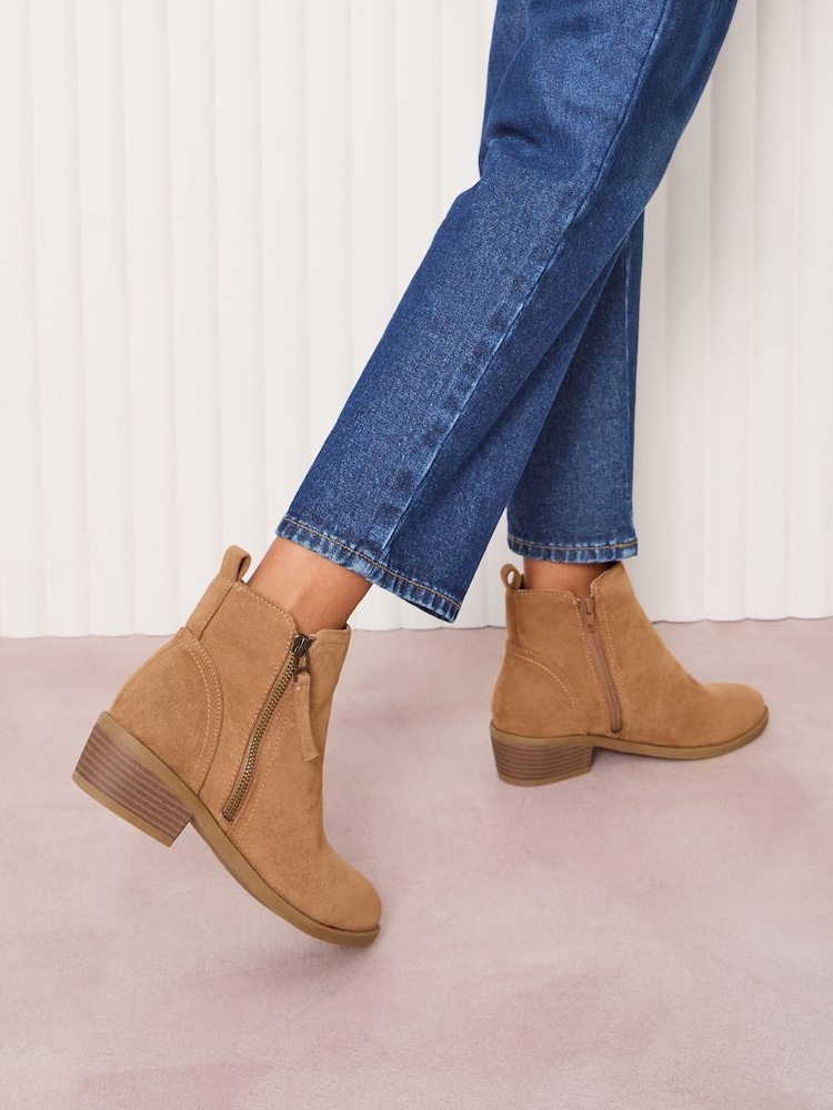 Friends Like These Brown Standard fit Mid Block Heel Side Zip Faux Suede Cuban Boots - Image 4 of 4