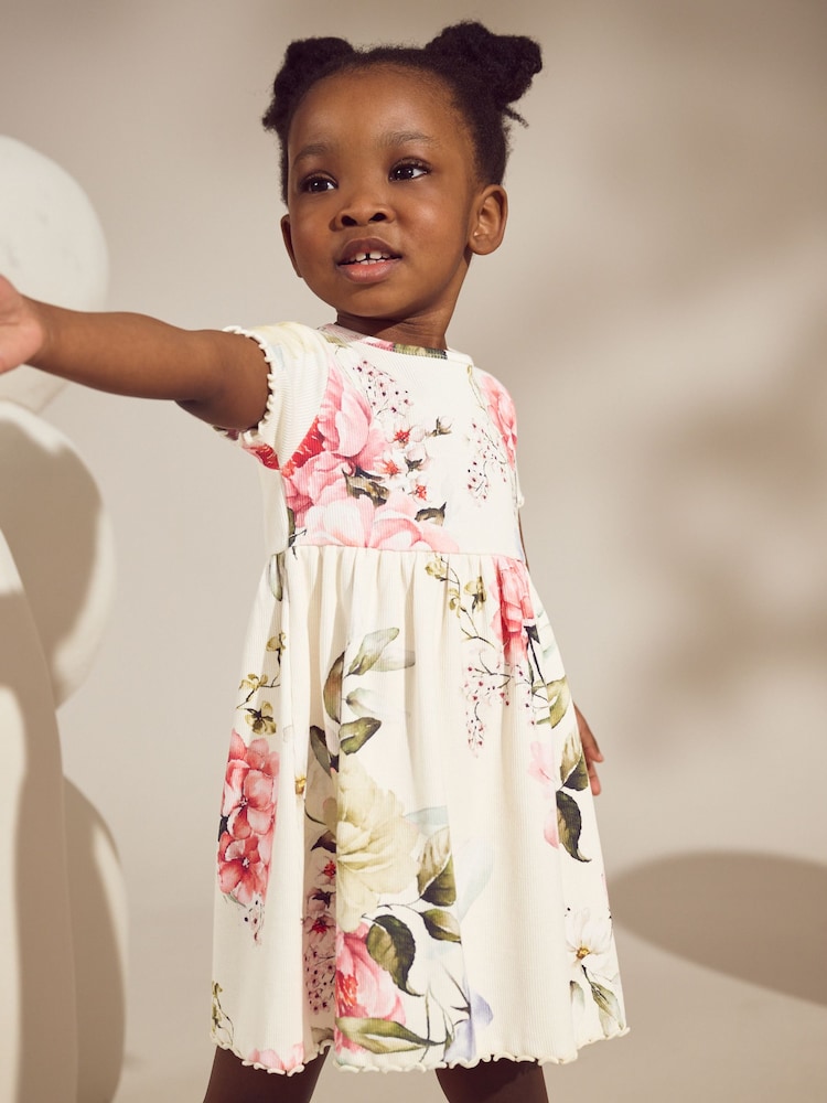 Cream Floral Short Sleeve Rib Summer Dress (3mths-7yrs) - Image 1 of 8 Cream Floral Short Sleeve Rib Summer Dress (3mths-7yrs) - Image 1 of 8
