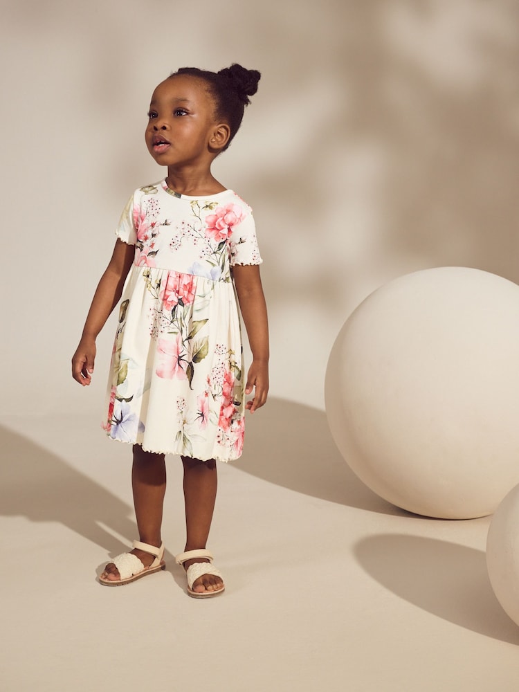 Cream Floral Short Sleeve Rib Summer Dress (3mths-7yrs) - Image 2 of 8 Cream Floral Short Sleeve Rib Summer Dress (3mths-7yrs) - Image 2 of 8