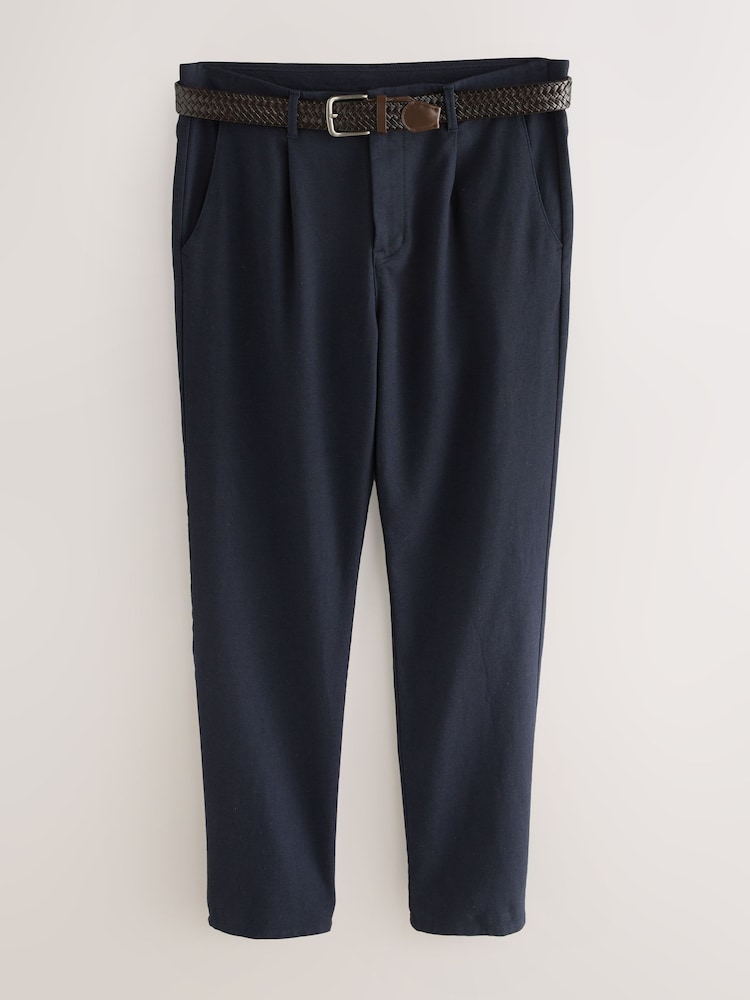 Navy Blue - Belted Cotton Linen Trousers - Image 1 of 6 Navy Blue - Belted Cotton Linen Trousers - Image 1 of 6