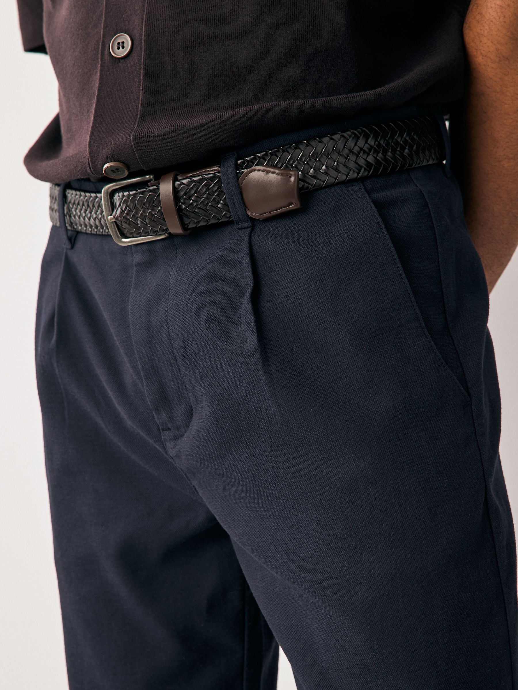 Buy Navy Blue Belted Cotton Linen Trousers from Next Romania