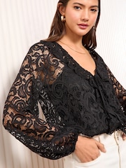 Friends Like These Black Long Sleeve Lace Ruffle Blouse - Image 2 of 4