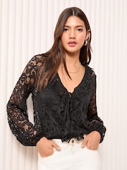 Friends Like These Black Long Sleeve Lace Ruffle Blouse - Image 3 of 4