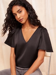 Friends Like These Black Short Sleeve Angel V-Neck Blouse - Image 1 of 4