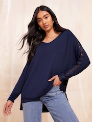 Friends Like These Navy Long Sleeve Crochet Trim Tunic - Image 1 of 4