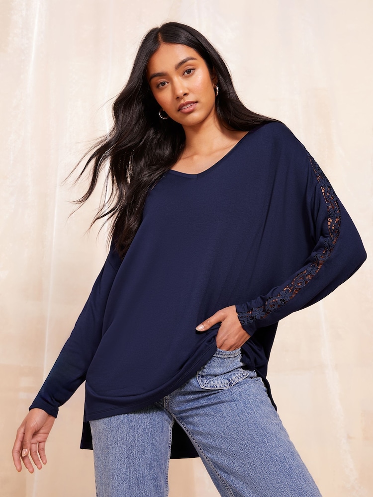 Friends Like These Navy Long Sleeve Crochet Trim Tunic - Image 1 of 4