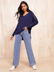 Friends Like These Navy Long Sleeve Crochet Trim Tunic - Image 2 of 4