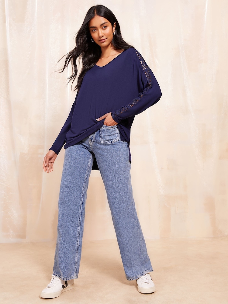 Friends Like These Navy Long Sleeve Crochet Trim Tunic - Image 2 of 4