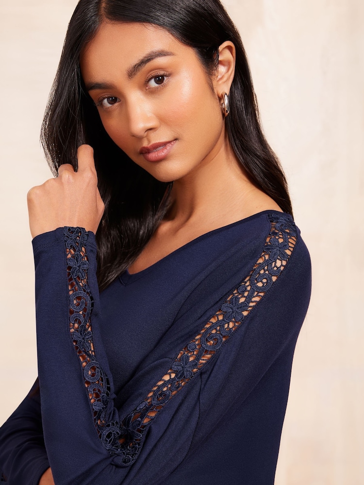 Friends Like These Navy Long Sleeve Crochet Trim Tunic - Image 3 of 4