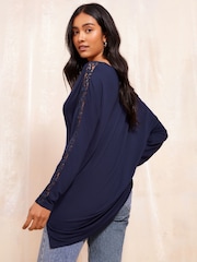 Friends Like These Navy Long Sleeve Crochet Trim Tunic - Image 4 of 4