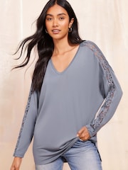 Friends Like These Blue Long Sleeve Crochet Trim Tunic - Image 1 of 4