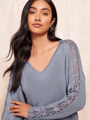 Friends Like These Blue Long Sleeve Crochet Trim Tunic - Image 3 of 4