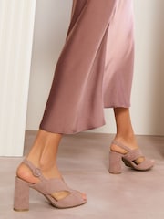 Friends Like These Nude Standard Fit Mid Block Heel Peeptoe Slingback Faux Suede Sandals - Image 4 of 5
