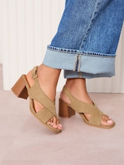 Friends Like These Neutral Wide Fit Mid Block Stacked Heel Cross Strap Faux Suede Sandals - Image 1 of 5
