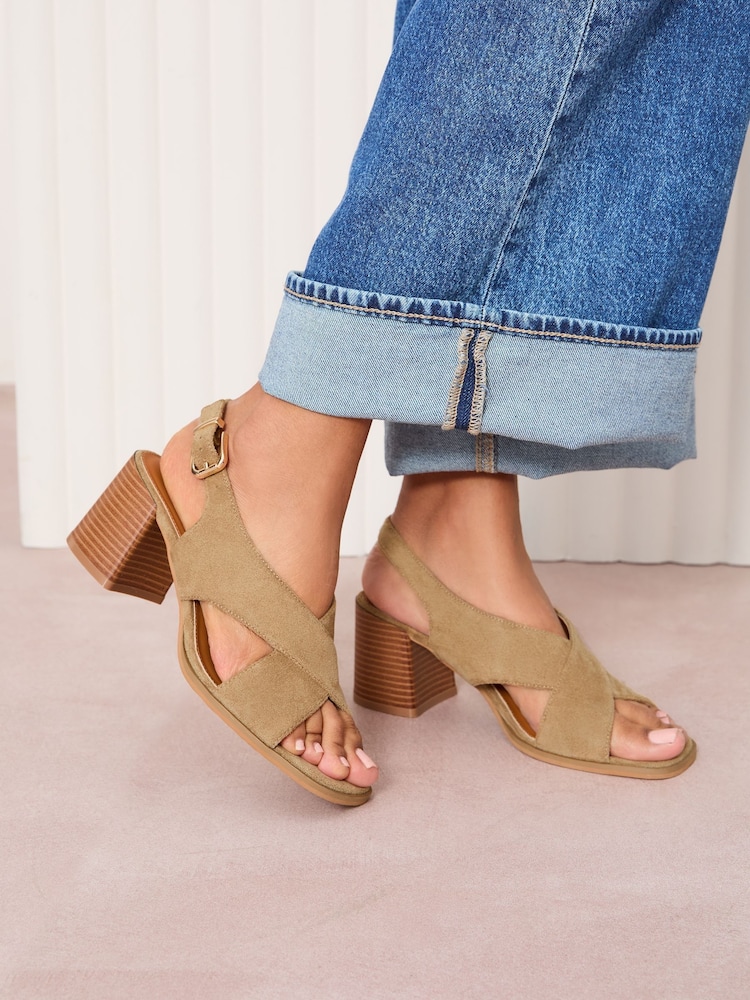 Friends Like These Neutral Wide Fit Mid Block Stacked Heel Cross Strap Faux Suede Sandals - Image 1 of 5