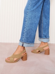 Friends Like These Neutral Wide Fit Mid Block Stacked Heel Cross Strap Faux Suede Sandals - Image 4 of 5