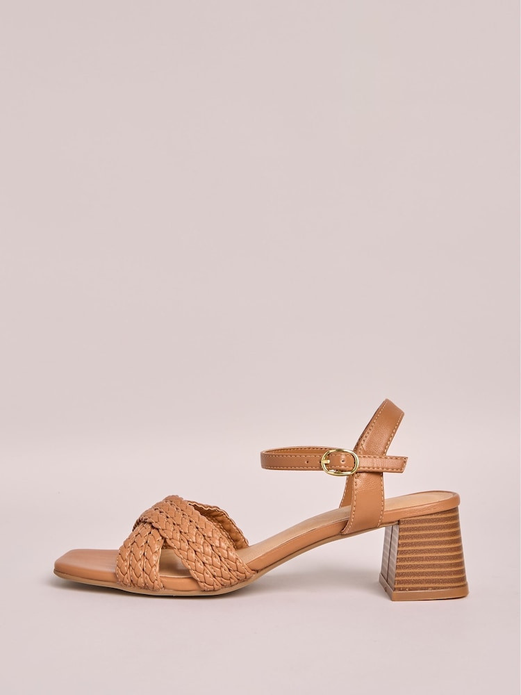 Beige - Friends Like These Plait Weave Cross Strap Low Block Heel Faux Leather Sandals - Image 5 of 5