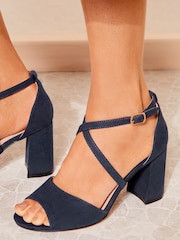Friends Like These Navy Standard Fit Cross Strap Mid Block Heel Sandals - Image 1 of 5