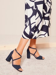 Friends Like These Navy Standard Fit Cross Strap Mid Block Heel Sandals - Image 2 of 5