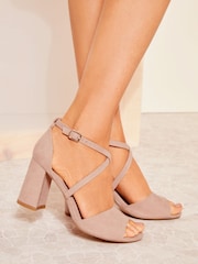 Friends Like These Nude Wide Fit Cross Strap Mid Block Heel Sandals - Image 1 of 5