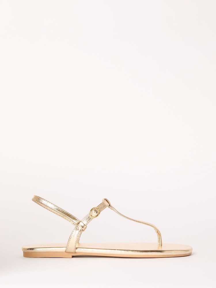 Friends Like These Gold Wide Fit Toe Thong T Bar Faux Leather Flip Flop Sandals - Image 2 of 5