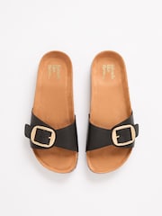 Friends Like These Black Flat Buckle Comfort Footbed Faux Leather Slider Sandals - Image 1 of 5