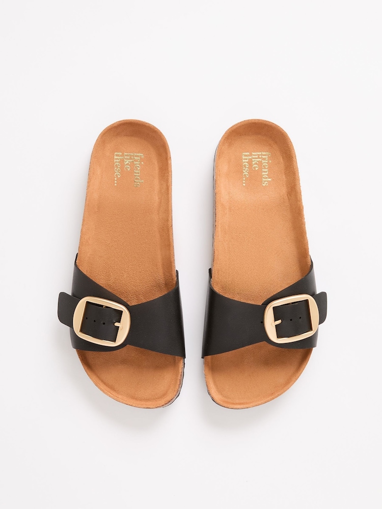 Friends Like These Black Flat Buckle Comfort Footbed Faux Leather Slider Sandals - Image 1 of 5