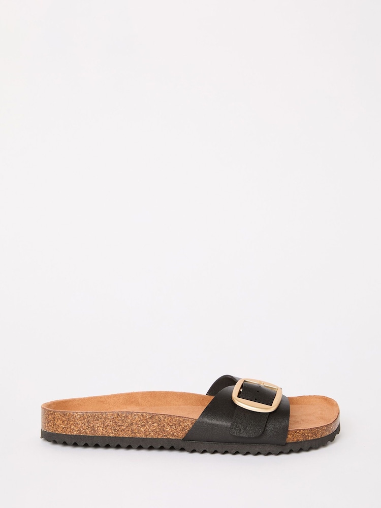 Friends Like These Black Flat Buckle Comfort Footbed Faux Leather Slider Sandals - Image 2 of 5