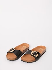 Friends Like These Black Flat Buckle Comfort Footbed Faux Leather Slider Sandals - Image 4 of 5