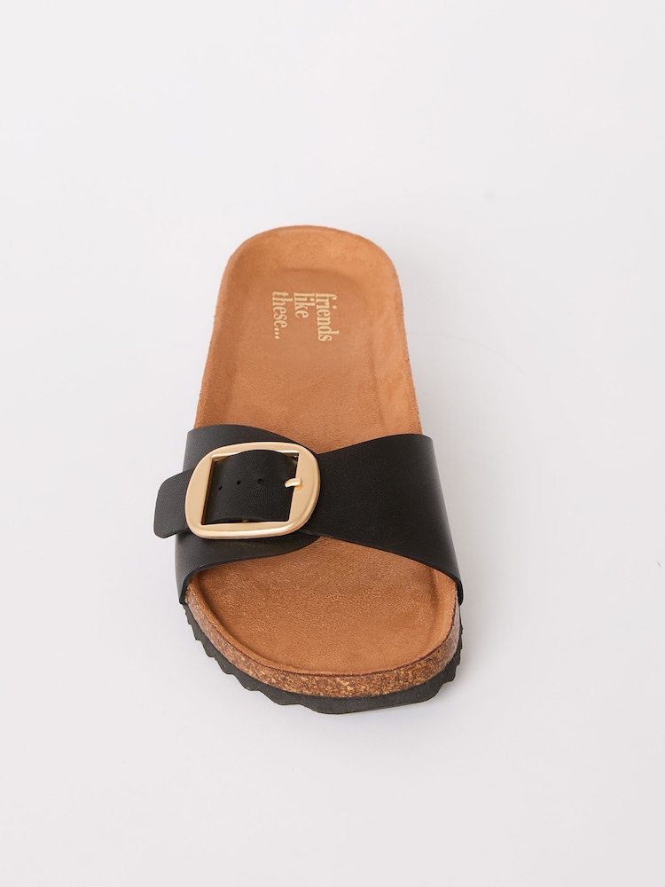 Friends Like These Black Flat Buckle Comfort Footbed Faux Leather Slider Sandals - Image 5 of 5