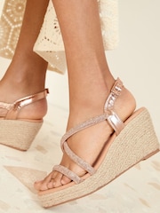Friends Like These Nude Standard Fit Diamante Jewel Multi Strap Comfort Wedge Sandals - Image 2 of 5