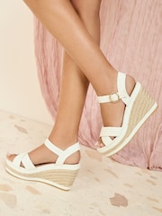 Friends Like These White Standard Fit Raffia Woven Strap Faux Leather Espadrille Wedge Sandals - Image 1 of 5