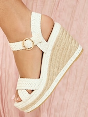 Friends Like These White Standard Fit Raffia Woven Strap Faux Leather Espadrille Wedge Sandals - Image 3 of 5