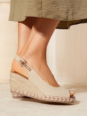 Friends Like These Cream Wide Fit Peep Toe Slingback Raffia Wedges Sandals - Image 1 of 5