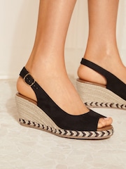 Friends Like These Black Wide Fit Peep Toe Slingback Raffia Wedges Sandals - Image 2 of 5