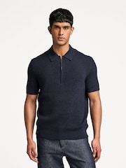 NN.07 Blue Hanzie Zip Knit Polo Shirt - Image 1 of 8