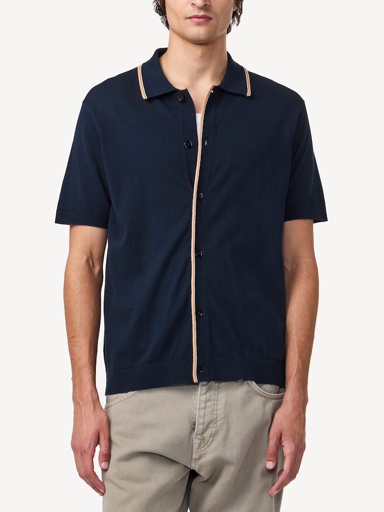 NN.07 Navy Blue Nolan Button Through Knit Polo Shirt - Image 1 of 5 NN.07 Navy Blue Nolan Button Through Knit Polo Shirt - Image 1 of 5