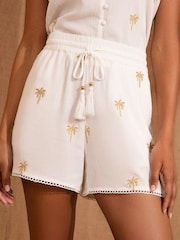 Love & Roses White Embellished Palm Tree Beach Shorts - Image 1 of 4
